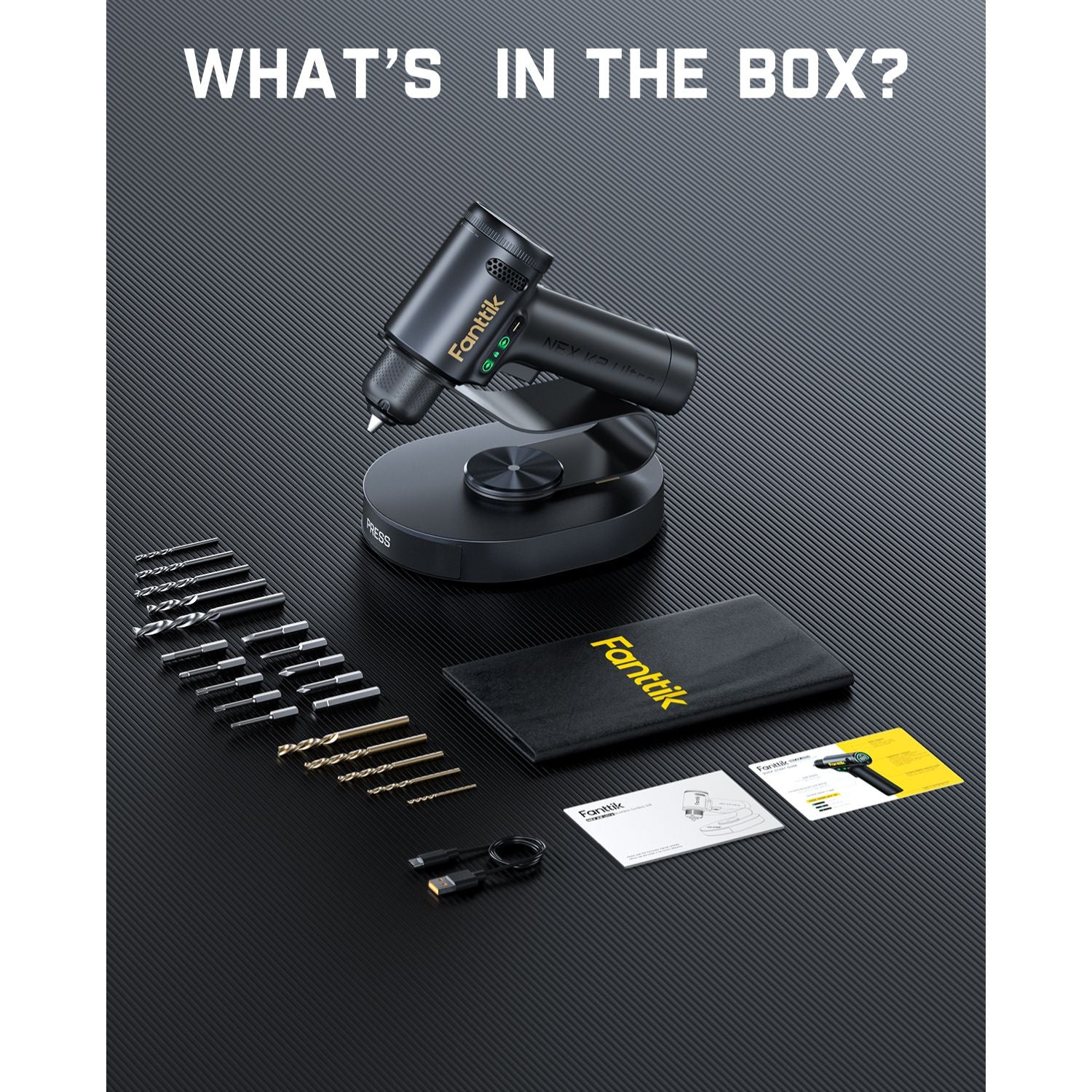 Fanttik K2 Ultra drill with bits, stand, pouch, and manuals. Contains 10 drill bits and 10 screwdriver bits.