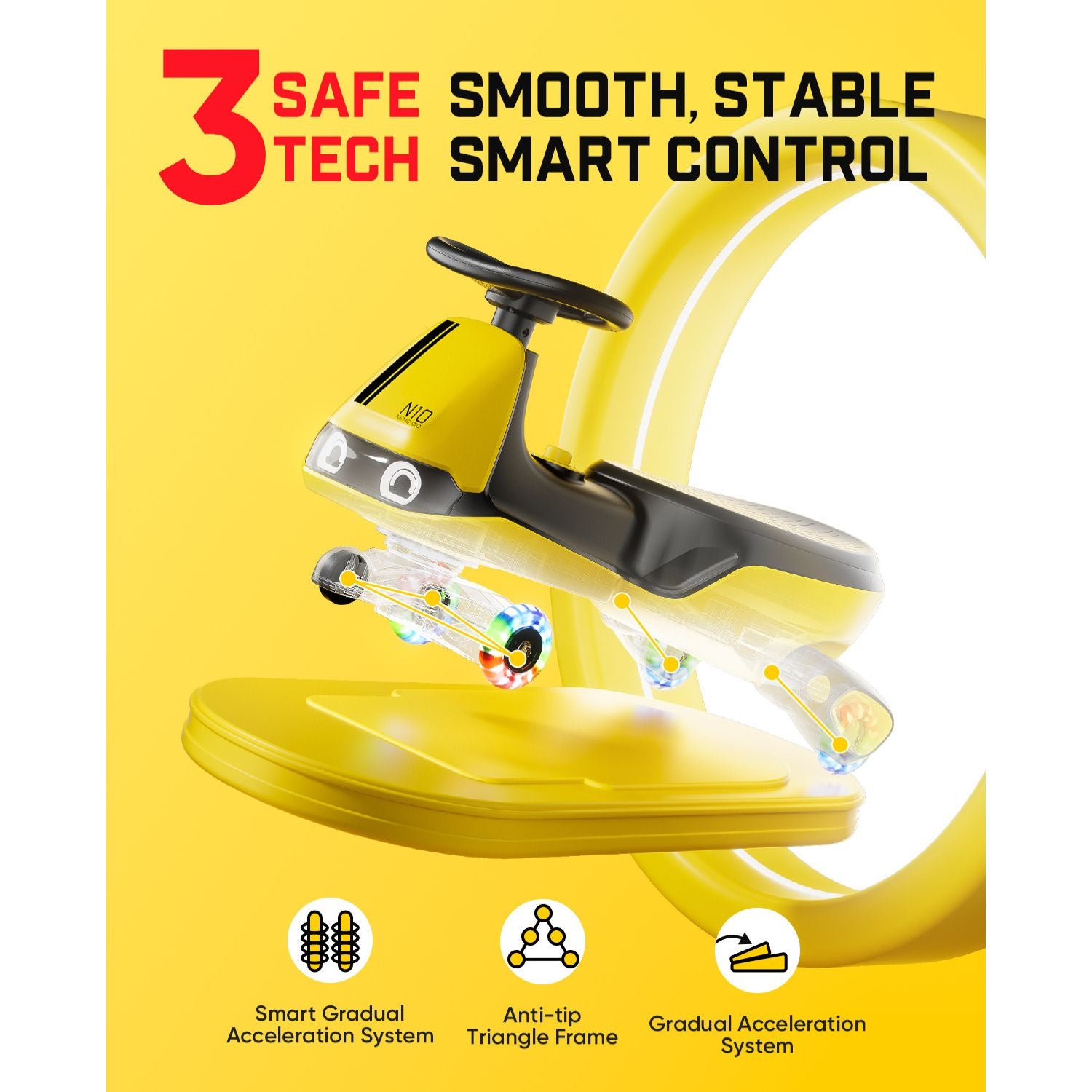 Yellow FanttikRide N10 wiggle car: 3 Safe Tech, Smart Control. Features gradual acceleration and anti-tip frame.