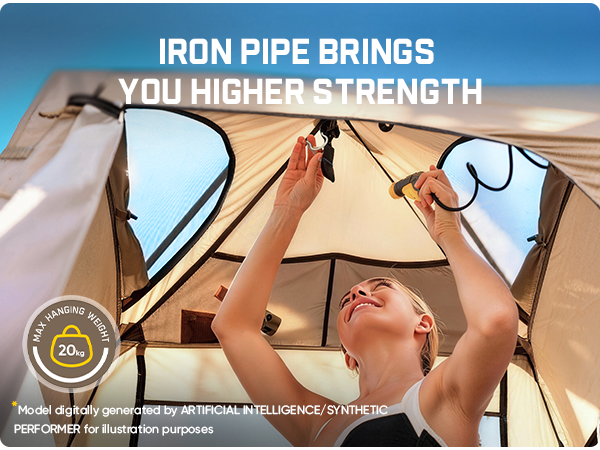 Person setting up a tent with text about iron pipe strength and maximum hanging weight.