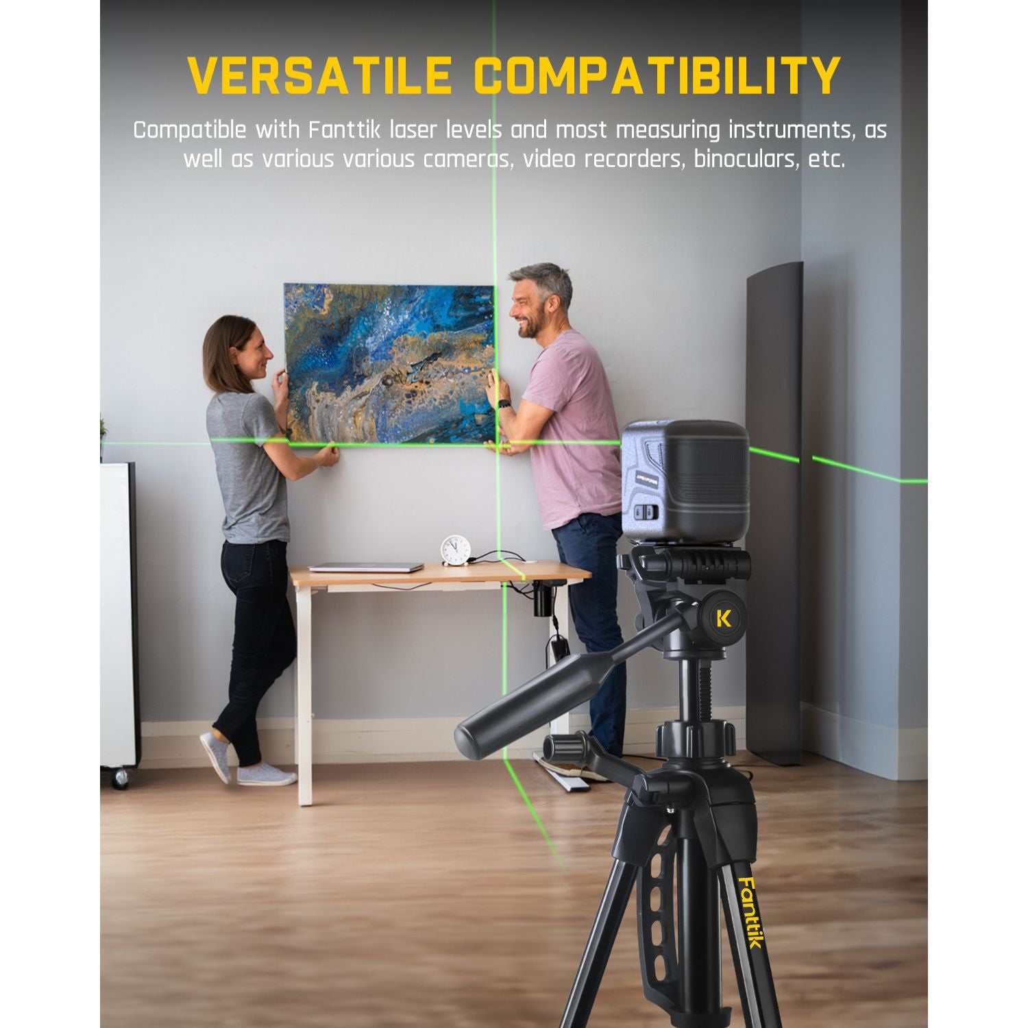 Fanttik DT1 Tripod, Laser Level Tripod with 3-Way Flexible Pan Head, Quick Release Plate with 1/4"-20 Screw Mount and Bubble Level, for Measurement Tools and Cameras