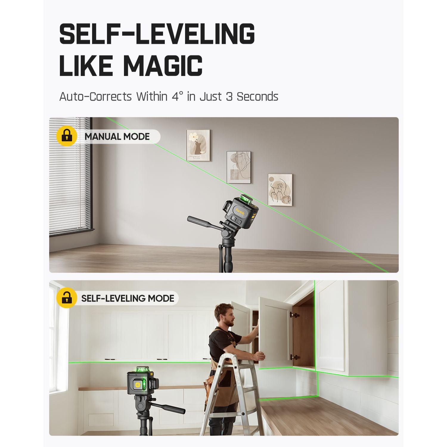 Fanttik D12 Ace Laser Level 360 Self Leveling, 3x360° Rechargeable 3D Green Cross Laser, Outdoor Pulse Mode, IP54 Durable, Easy to Use for Construction and Picture Hanging