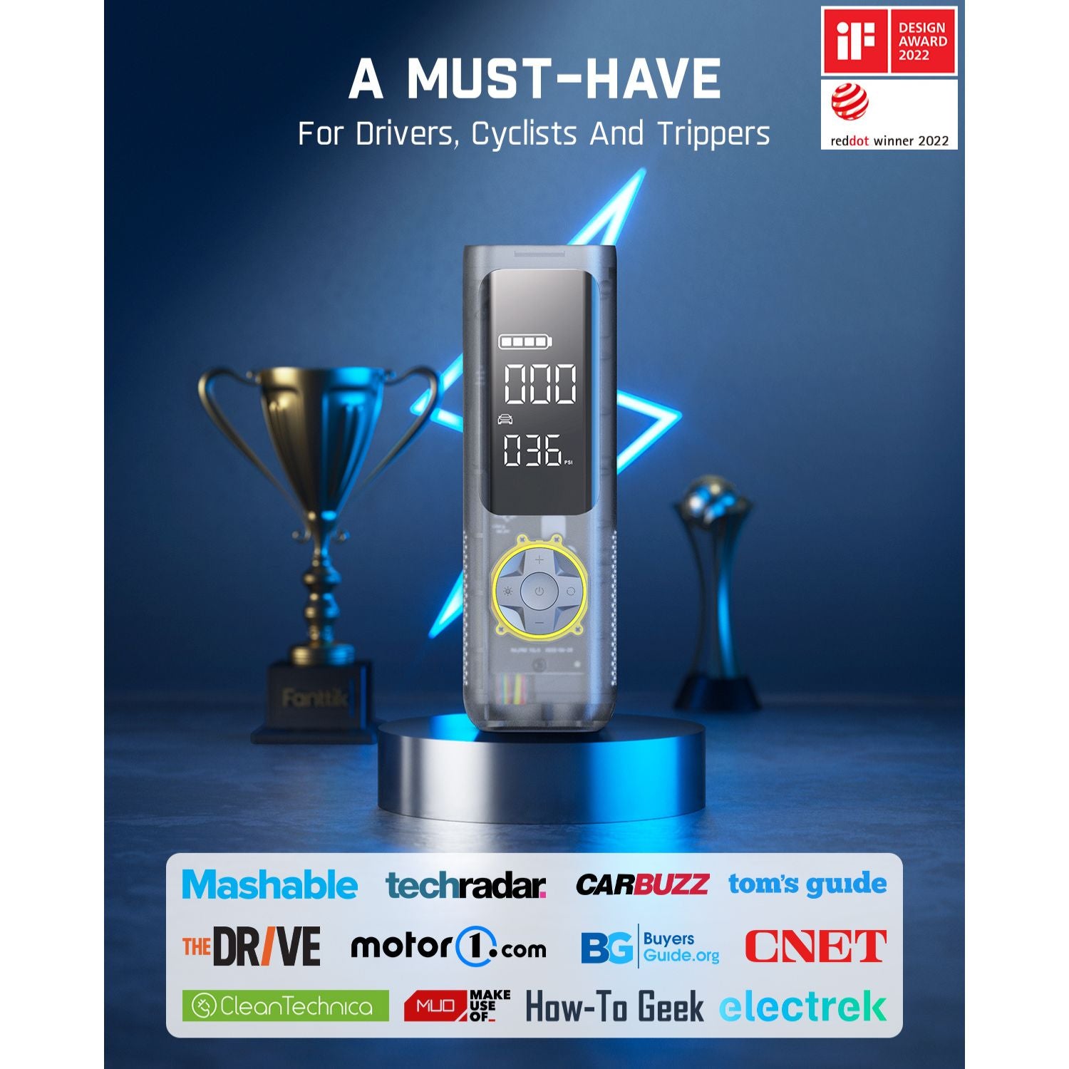Fanttik X8 Apex Tire Inflator product shot with award logos