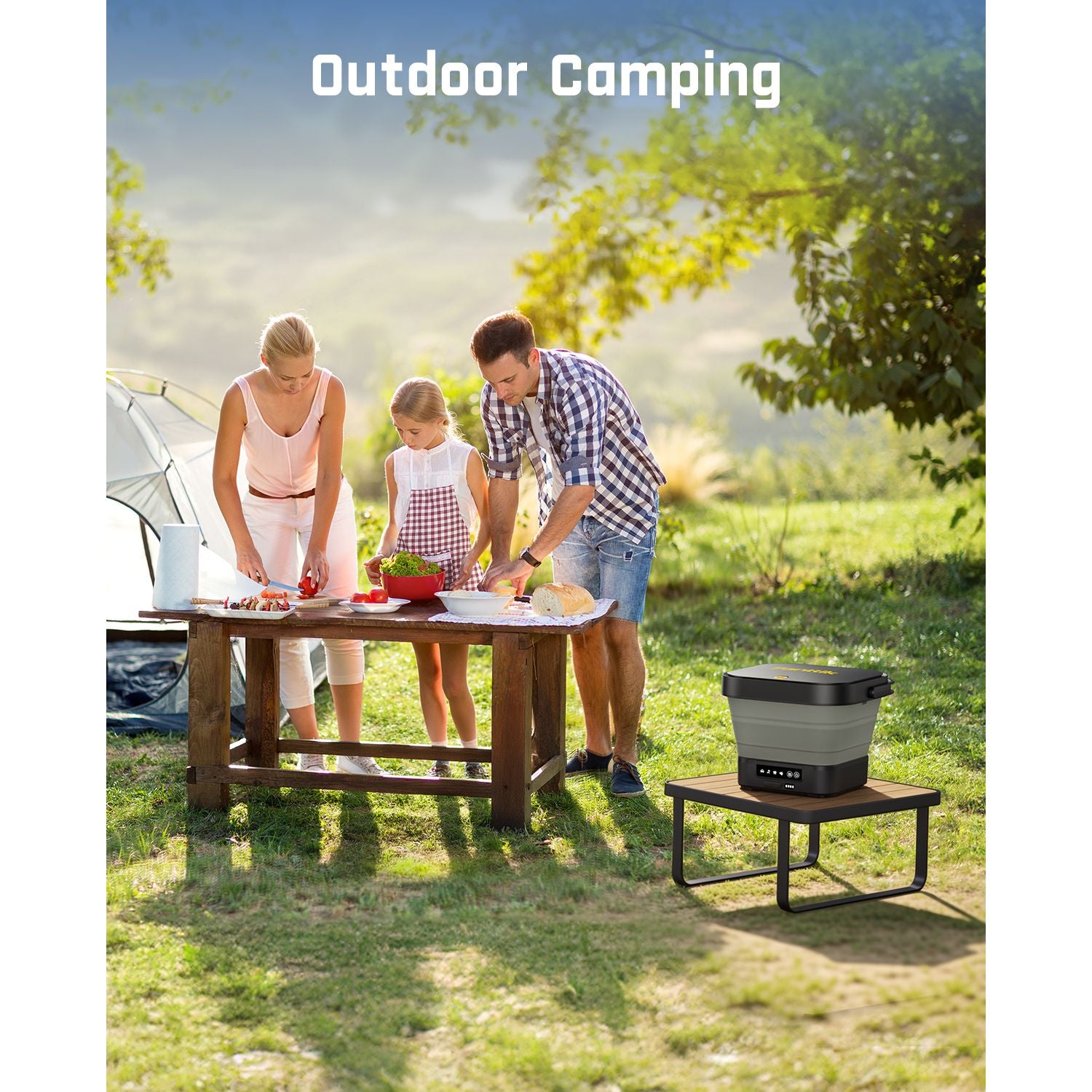 Family enjoying outdoor camping, preparing food at a picnic table with a Fanttik NB8 Fold Cordless Pressure Washer on a small table nearby