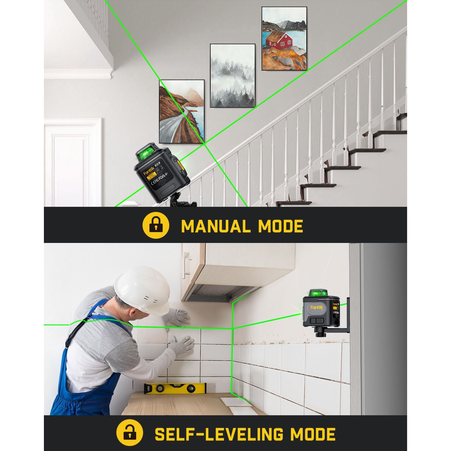 Fanttik D5 Laser Level 360°, Self-Leveling Green Cross Line Laser 100 ft, 4000 mAh Rechargeable Battery, Magnetic Bracket, for Picture Hanging and Renovation