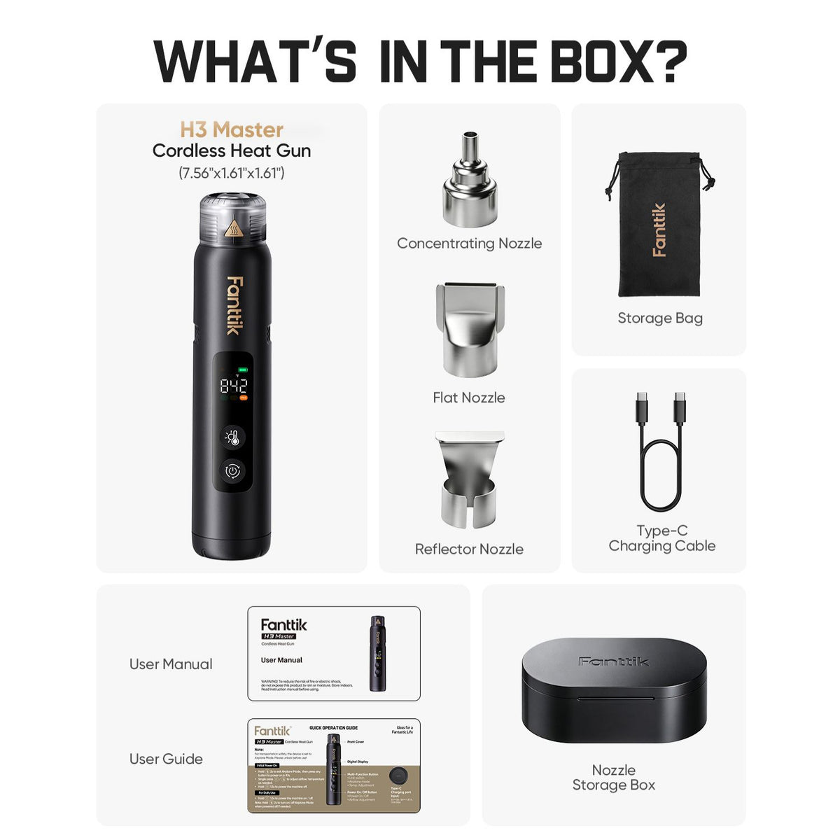 Box contents graphic for the Fanttik H3 Master Cordless Mini Heat Gun, showing the black handheld heat gun, concentrator nozzle, flat nozzle, reflector nozzle, Type-C charging cable, storage bag, user manual, user guide, and storage box on a white background with the headline 'WHAT'S IN THE BOX?'.