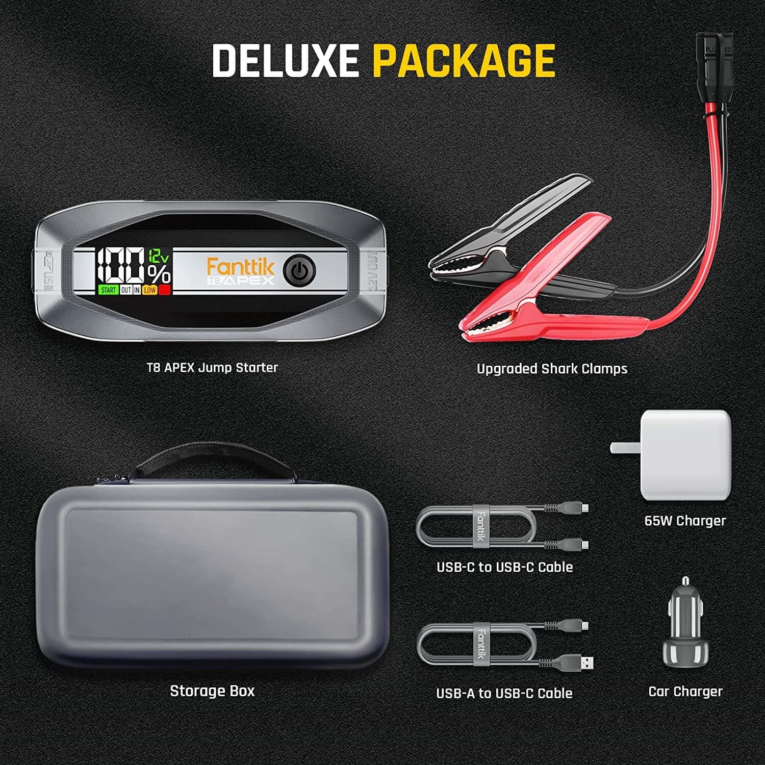 T8 APEX Portable Car Battery Jump Starter Pack, Heavy-Duty Battery Clamps, USB C to C Charging Cable, 65W Charger, EVA Storage Bag, User Guide