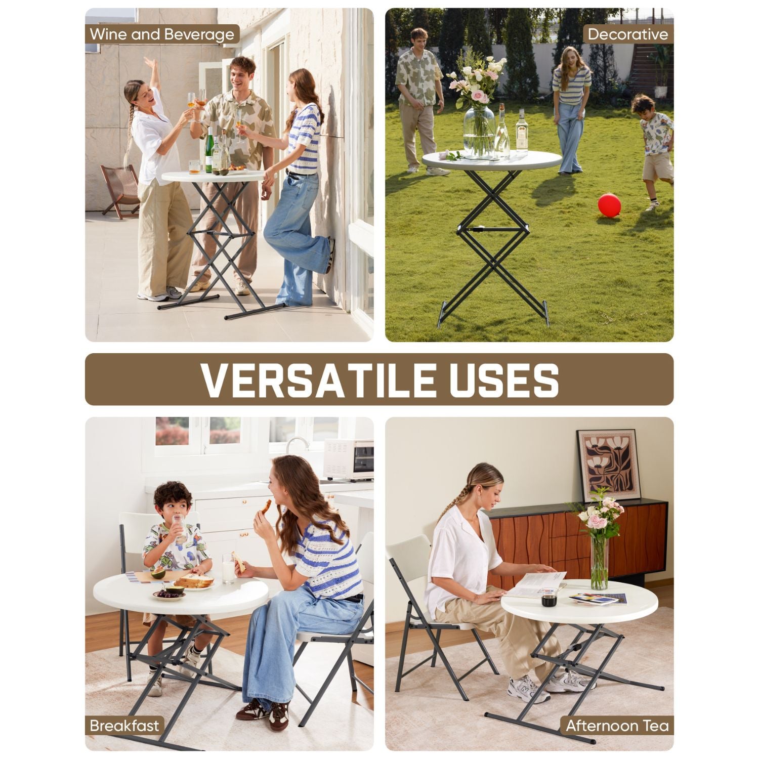 FanttikOutdoor 32" Round Folding Table 4 Heights Adjustable, One-Hand Quick Lift, Instalift, Plastic Portable Indoor Outdoor Table for Parties Commercial Events, 1 Pack, Granite White Zeta O3 Pro