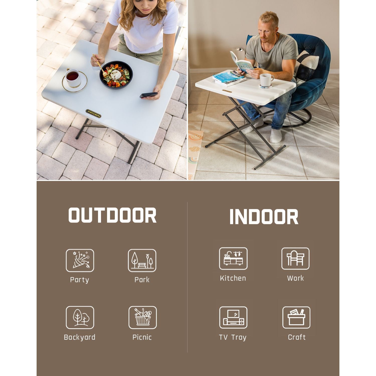 FanttikOutdoor 28 inch Small Folding Table, One-Handed Height Adjustment, 3 Heights, Lowering Lever, Instalift, Portable Side Table for Tv Tray, Desk, Kitchen, No Assembly, Granite White Zeta X1 Apex