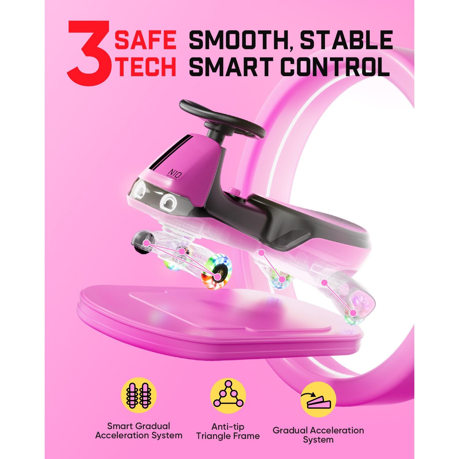 Pink FanttikRide N10 Classic wiggle car: 3 Safe Tech, Smart Control, anti-tip frame, gradual acceleration.