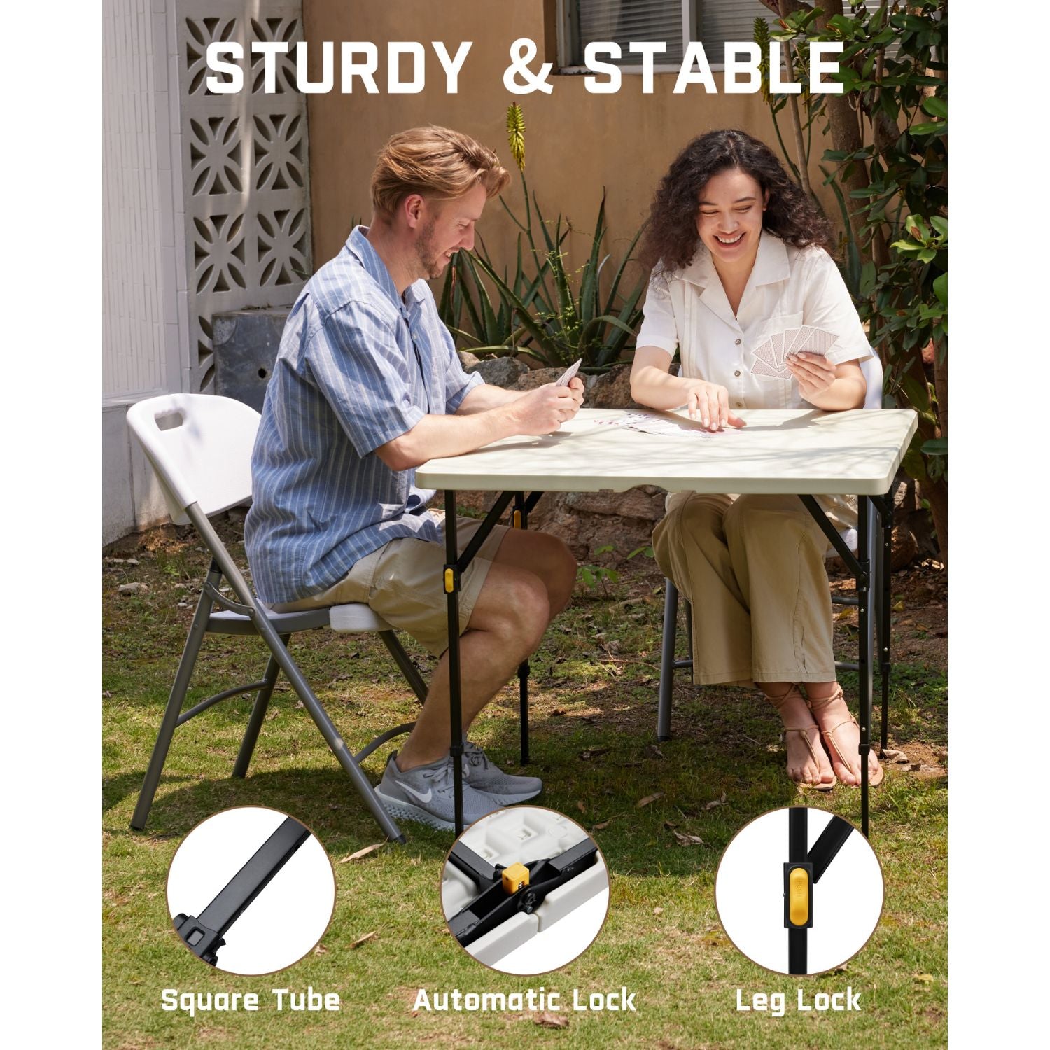 FanttikOutdoor 34" Square Folding Card Table, Two Heights Adjustable, Max Load 300 lbs, Portable Table with Lock Button, for Indoor/Outdoor, Home, Parties, Picnics, Puzzle