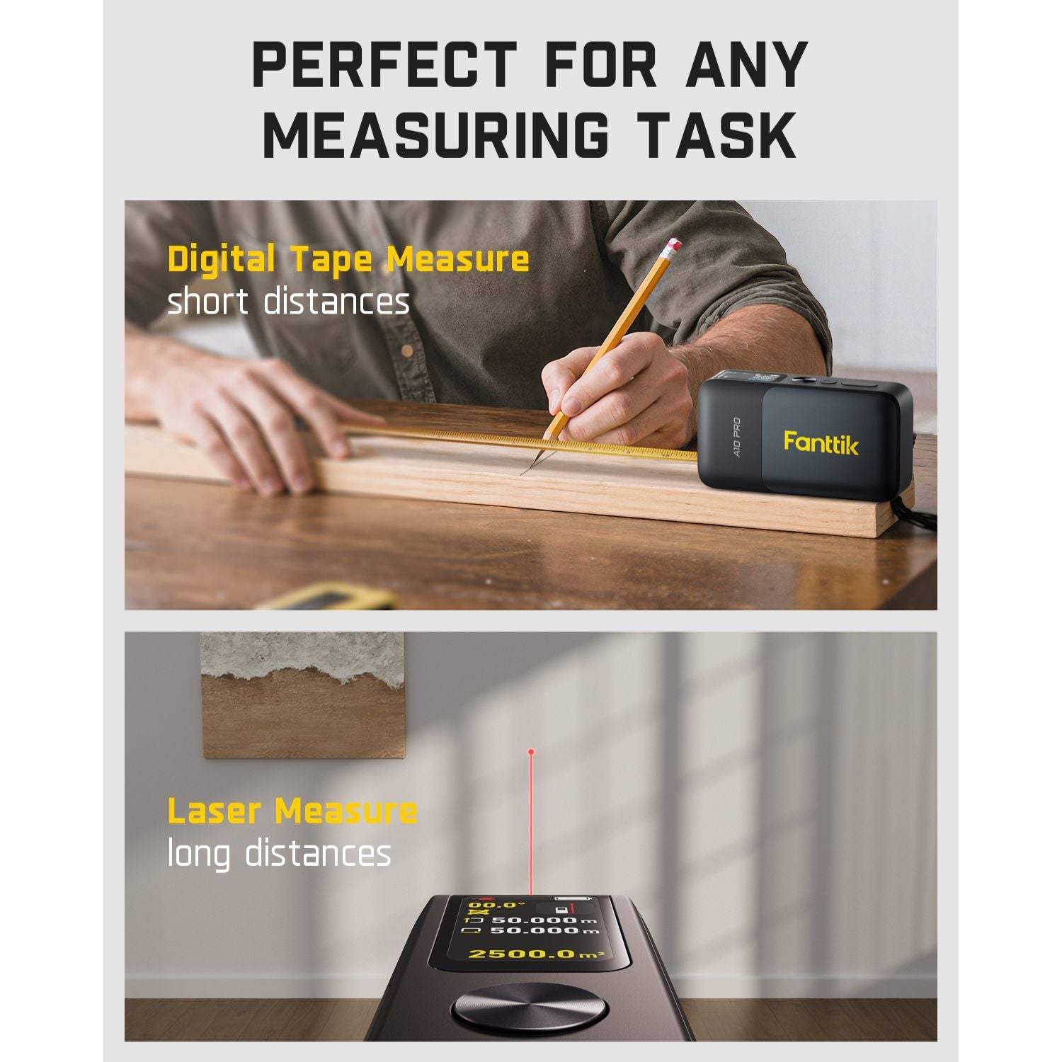 Fanttik A10 Pro laser distance meter: digital tape for short distances and laser for long distances on HD IPS color display.