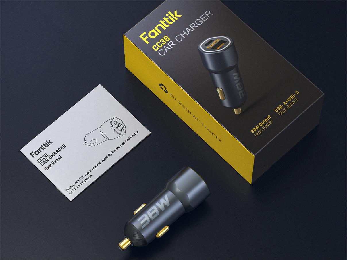 Fanttik USB C Car Charger, 38W Dual Port Fast Charging Car Adapter