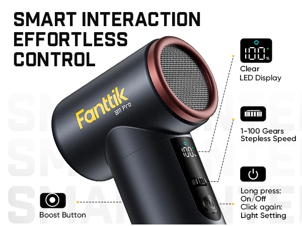 A black and rose Electric Air Duster branded 'Fanttik BT F70' on a white background with feature callouts and text including 'SMART INTERACTION EFFORTLESS CONTROL', 'Clear LED Display', '1-100 Gears Stepless Speed', and 'Long press: On/Off Click again: Light Setting'.