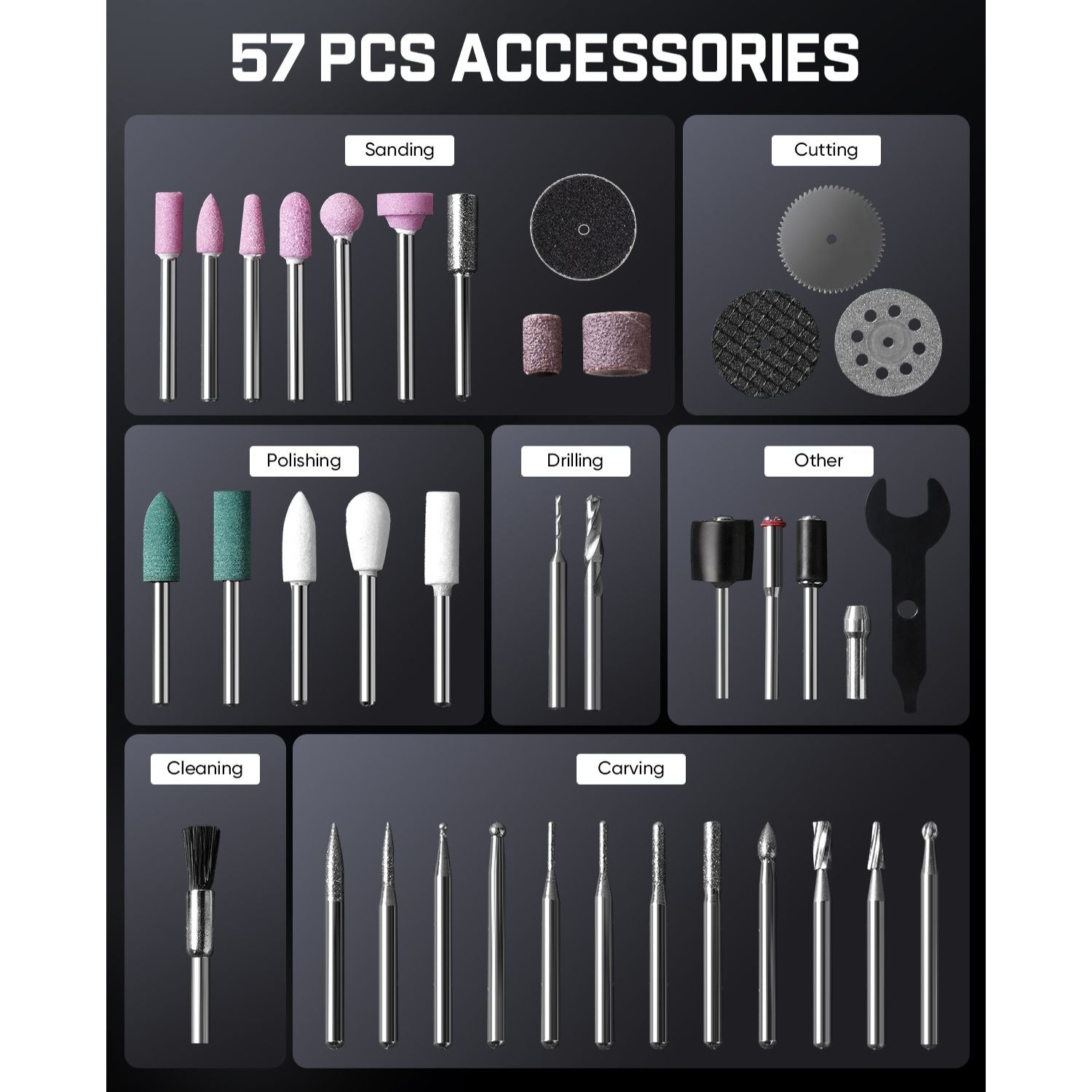 A 57-piece rotary burr accessory set displayed in a grid layout with categories for Sanding, Cutting, Polishing, Drilling, Other, and Carving. The set includes various metal drill bits, sanding discs, polishing wheels, and different colored abrasive tips on silver metal handles, presented against a dark gray background with white text at the top.