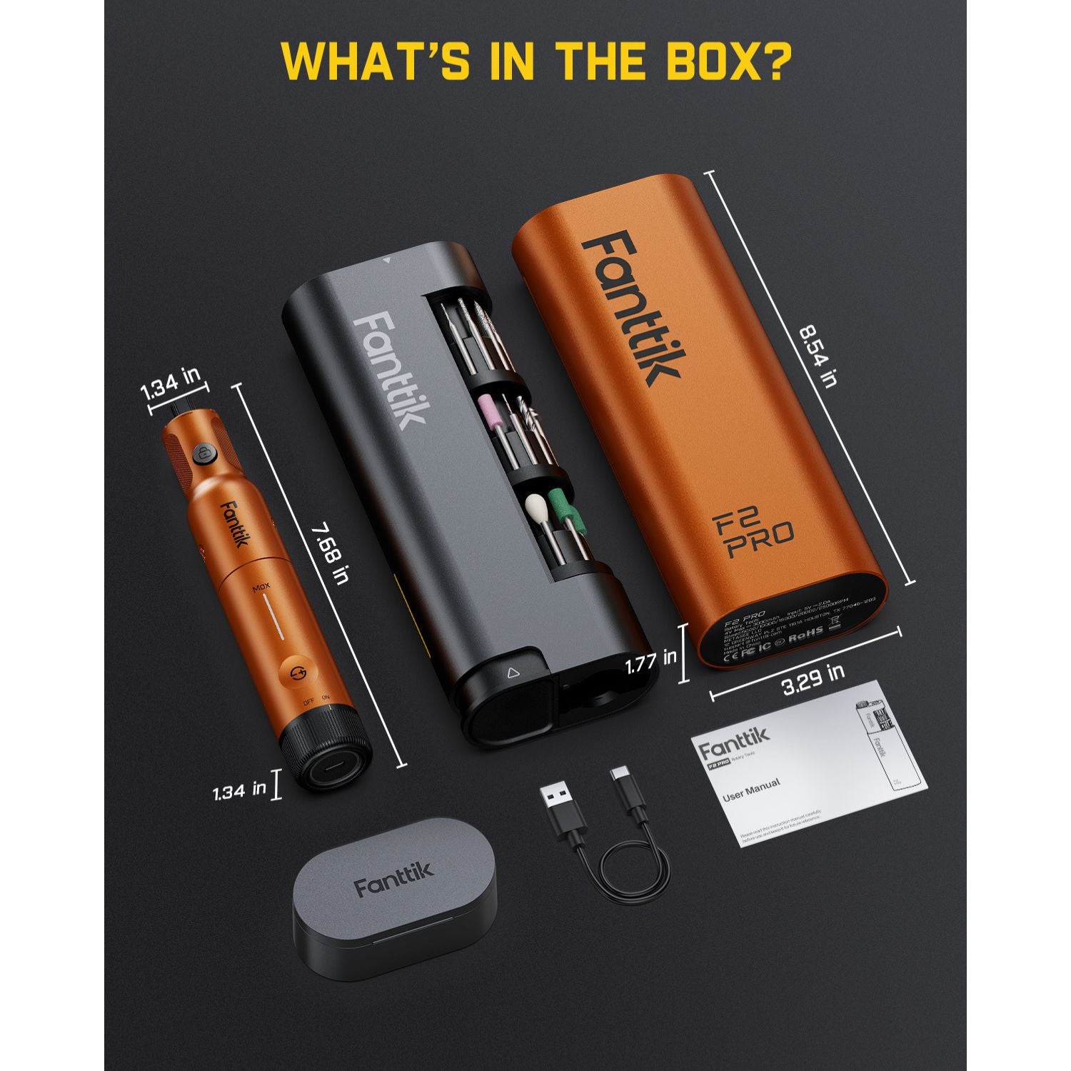 Box contents layout for a Fanttik vape product on a dark background, including an orange vape device, a black vape with battery compartment, a smaller orange vape piece, a USB cable, a manual, and a round black case. Text at the top reads 'WHAT'S IN THE BOX?'.