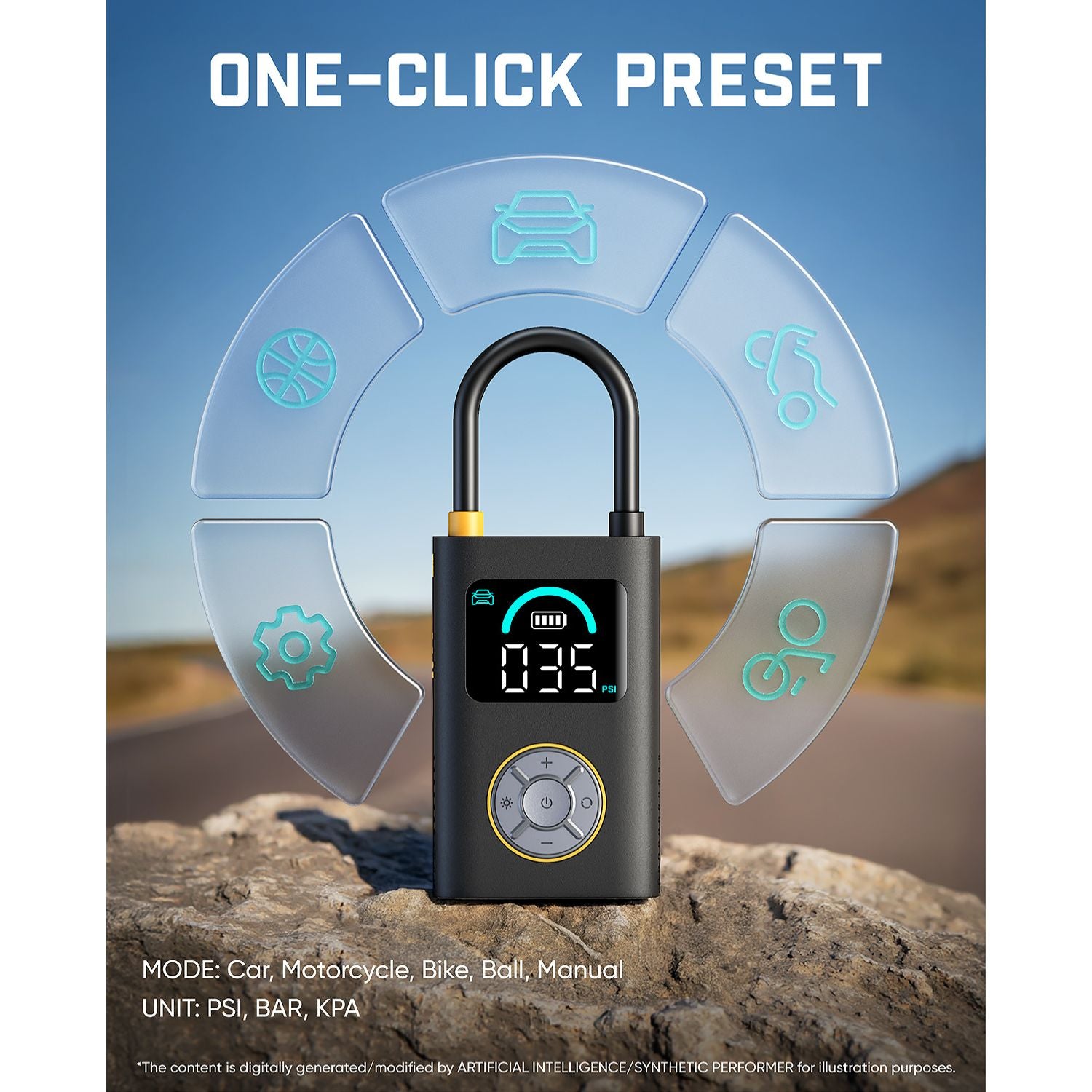 A Fanttik X10 Pro Tire Inflator shown on a rock with a blurred outdoor road and hills in the background. Large text at the top reads 'ONE-CLICK PRESET', and smaller text at the bottom lists supported modes: car, motorcycle, bike, and manual.