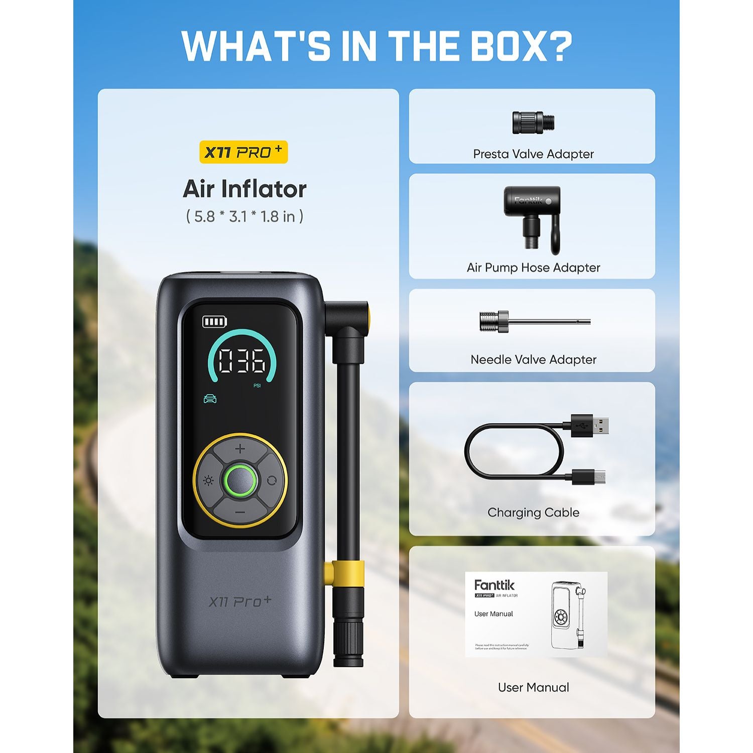 X11 Pro+ Air Inflator product listing graphic showing the main air pump with accessories and included items on a blue and white layout. The main product is a black digital air pump with a hose attached, surrounded by inset boxes for adapters, a charging cable, and a user manual.