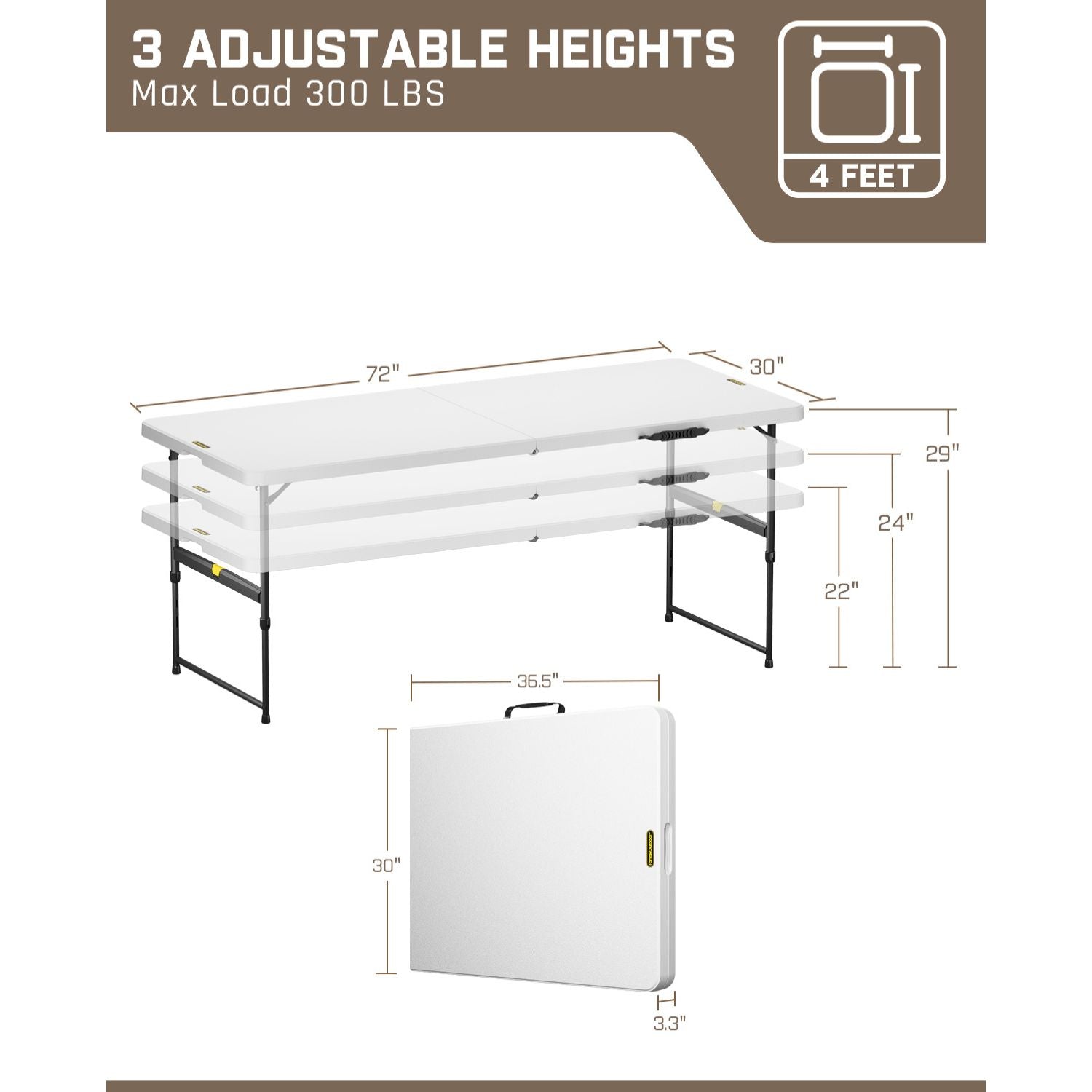 FanttikOutdoor 6ft Portable Folding Table, 3 Heights, One-Handed Height Adjustment, Gravity Lock, Carry Handle, Indoor Outdoor Heavy Duty Fold-in-Half Utility Table, Party, Granite White Zeta X6 Pro