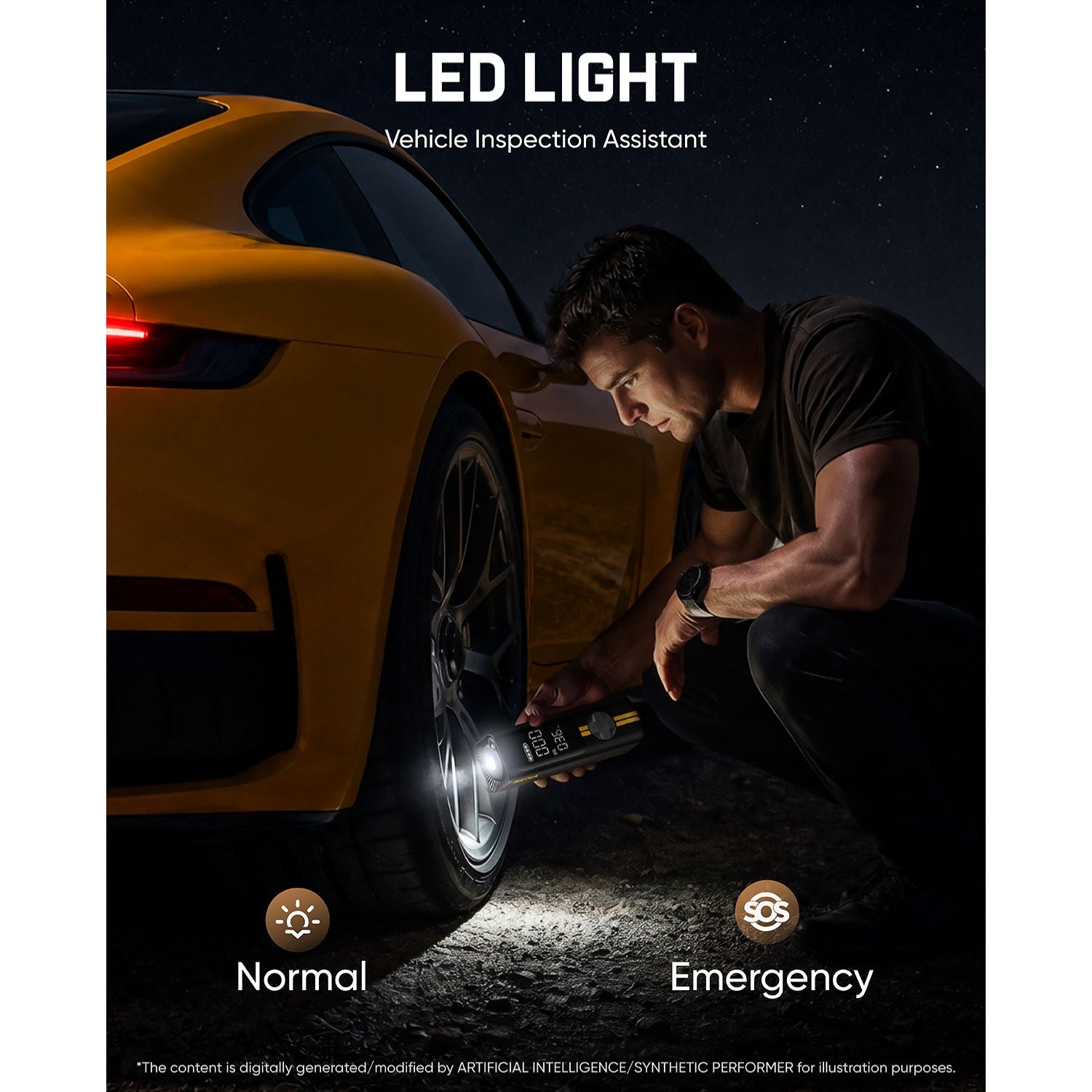 Person using a fabttik X8 APEX tire inflator with LED light on a yellow car at night.
