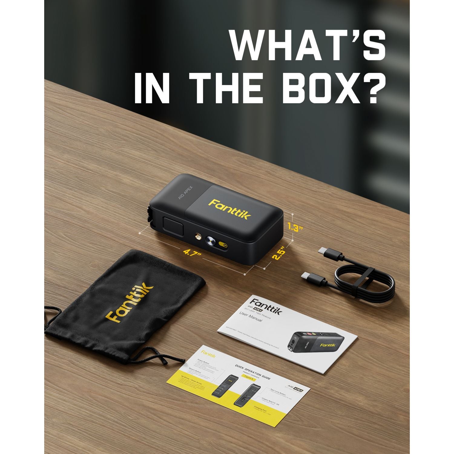 Fanttik A10 Apex laser distance meter contents: device, USB-C cable, user manual, quick start guide, and storage pouch.