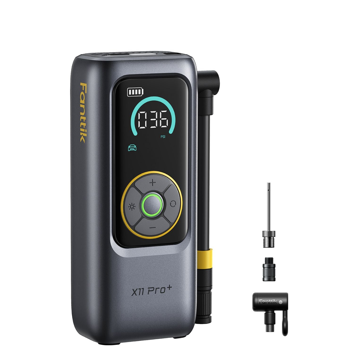 A portable electric air pump by Fanttik X11 Pro+, shown with its three interchangeable nozzle tips on a clean white background. The pump body is dark gray with a black front faceplate, featuring a digital display showing '036 PSI' in teal and a yellow/green control dial.