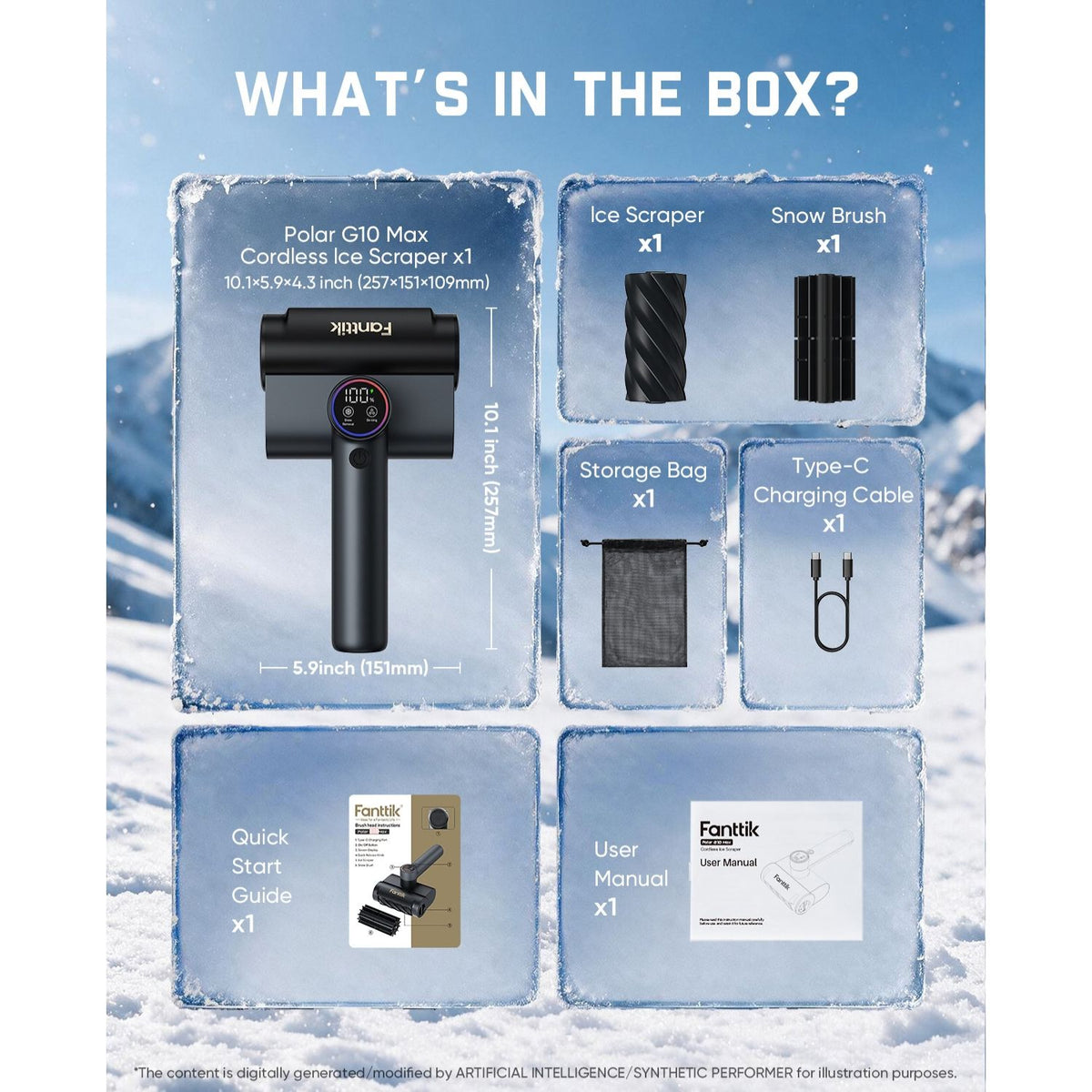 De-icing Machine Package Contents: One Fanttik Polar G10 Max Ice Scraper, one Ice scraper, one snow brush, one storage bag, one Type-C charging cable, one quick start guide, and one user manual.