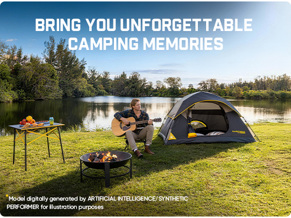 Person playing guitar by a tent and campfire near a lake with text 'Bring you unforgettable camping memories'.