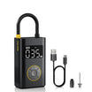 A Fanttik portable X9 Pro electric air pump with a digital display screen, yellow accents, and a built-in U-shaped handle, shown alongside a USB charging cable, a nozzle tip, and a black air filter on a white background.