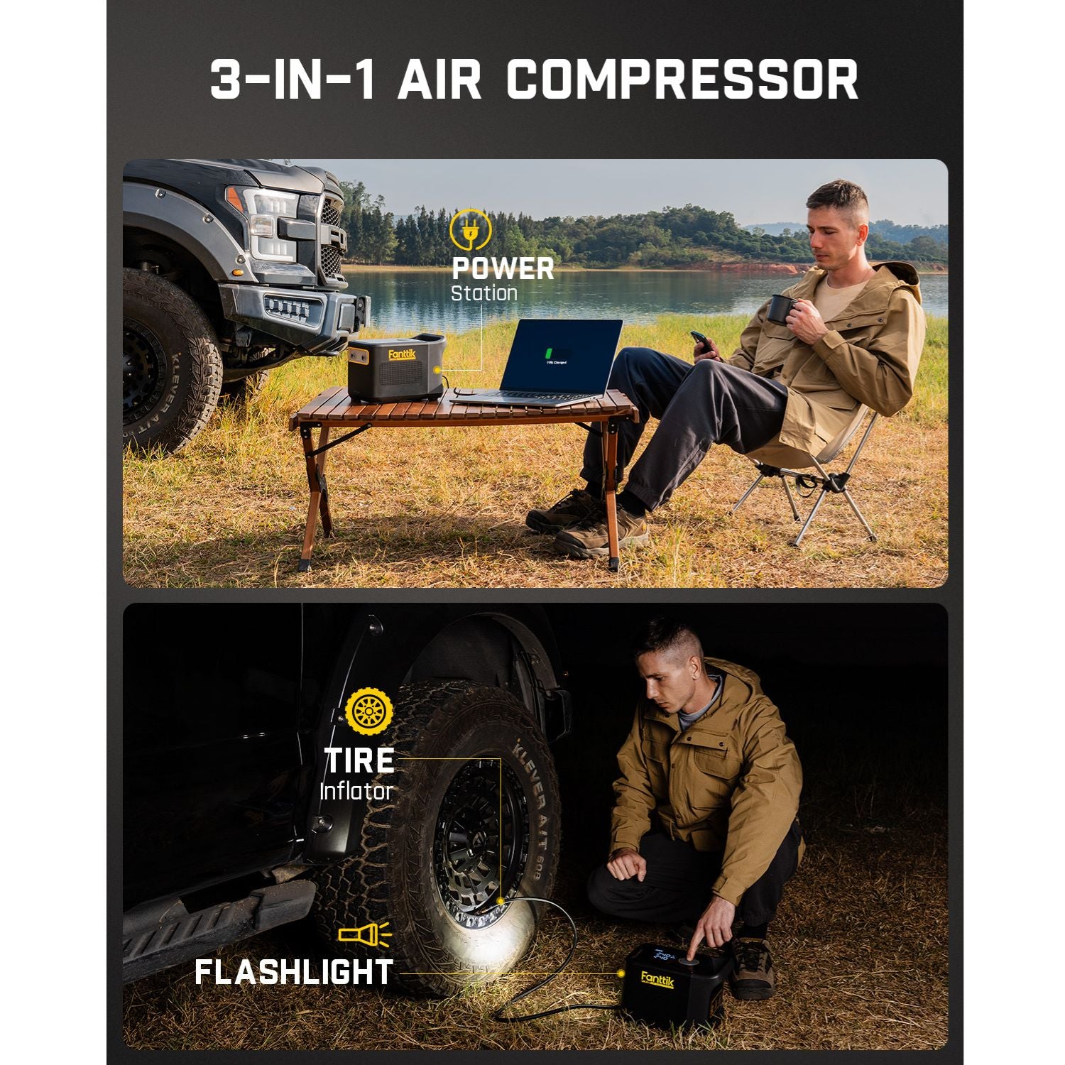 Man using Fanttik X9 Ultra 3-in-1 Air Compressor as power station to charge laptop outdoors, and inflating truck tire at night with built-in flashlight