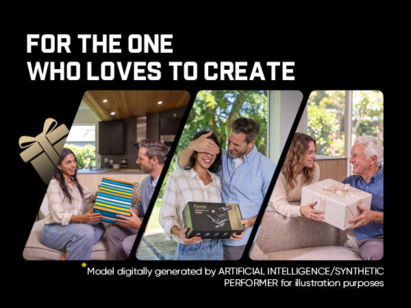 Promotional graphic with the text 'FOR THE ONE WHO LOVES TO CREATE' on a black background, showing three angled lifestyle photos of families receiving gift boxes and presents. A gold gift box icon appears on the left.