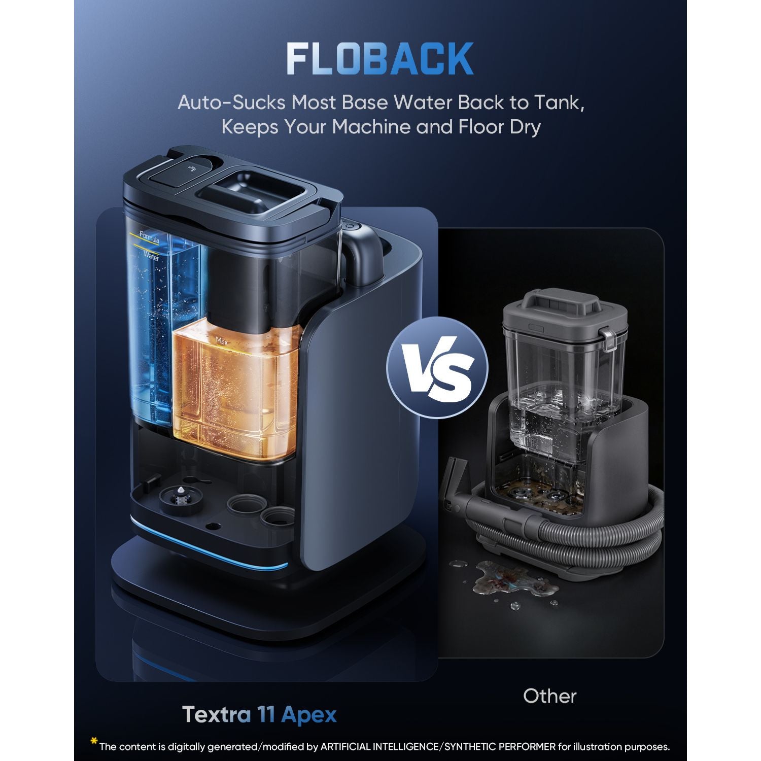 Promotional graphic for the Fanttik Textra 11 Apex Cordless Carpet Cleaner, showing a dark gray and black unit with a transparent blue and amber water tank on the left, alongside a smaller inset of a standard vacuum on the right with the word 'Other' and a 'vs' badge.
