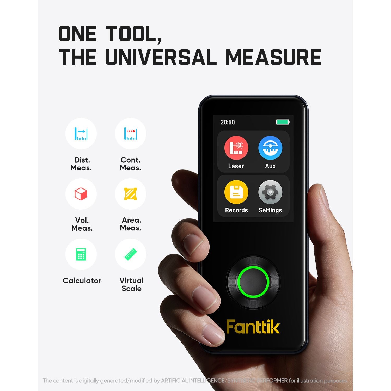 Hand holding a Laser Measuring Tool with various measurement functions displayed, branded as Fantik.