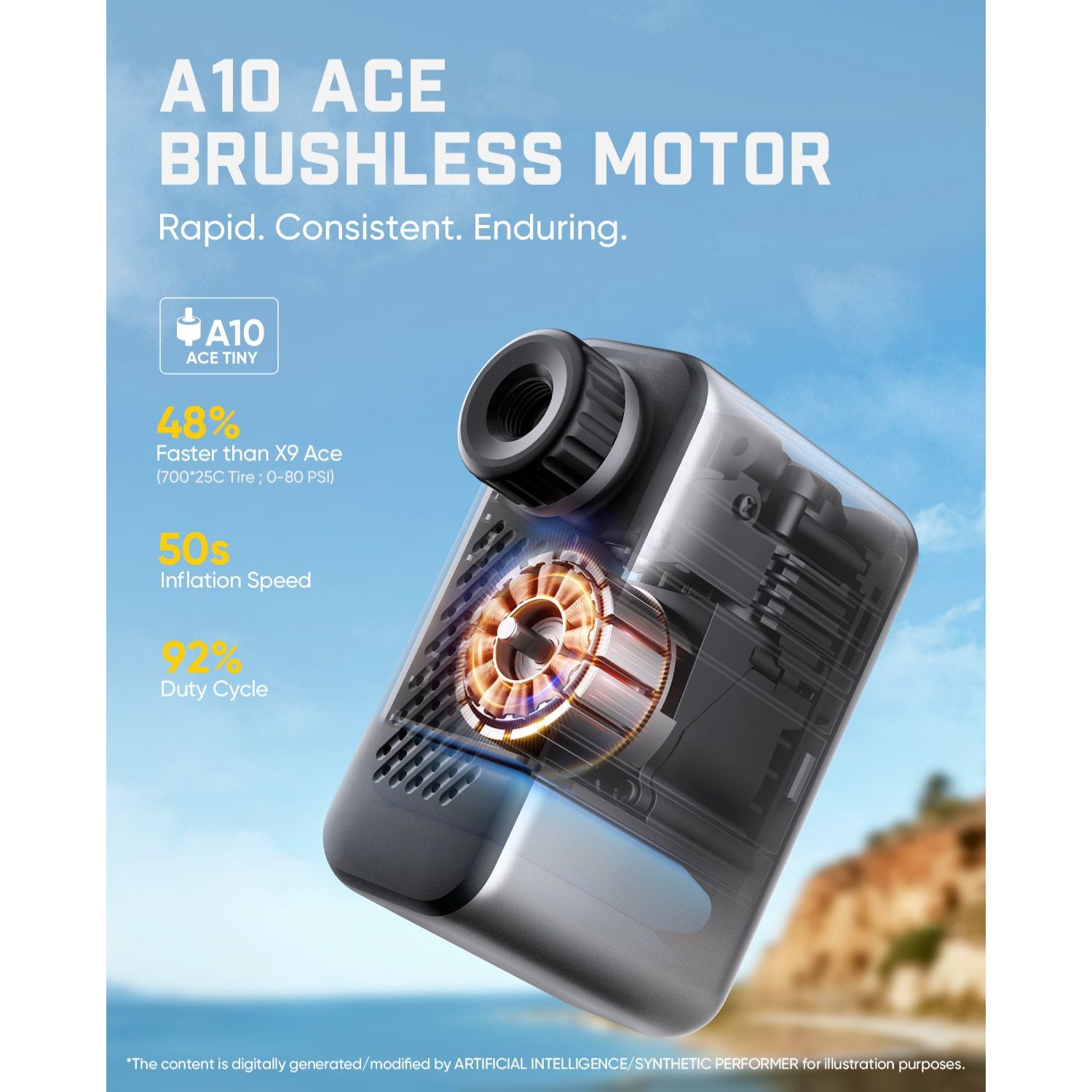 A10 ACE Brushless Motor performance graphic showing a transparent electric performance device with a visible copper coil inside, set against a blue sky background with text highlighting speed, inflation speed, and duty cycle.