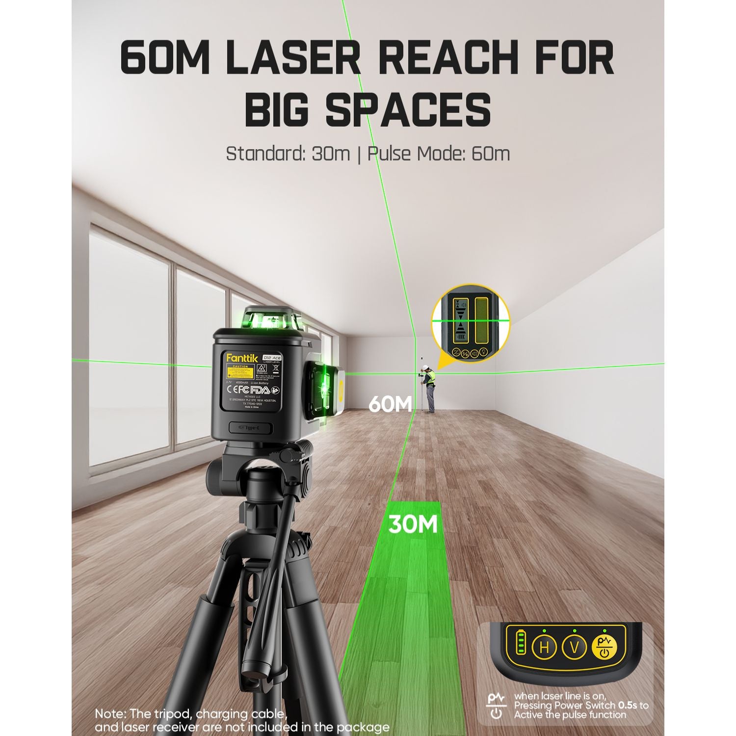 Fanttik D12 Ace Laser Level 360 Self Leveling, 3x360° Rechargeable 3D Green Cross Laser, Outdoor Pulse Mode, IP54 Durable, Easy to Use for Construction and Picture Hanging