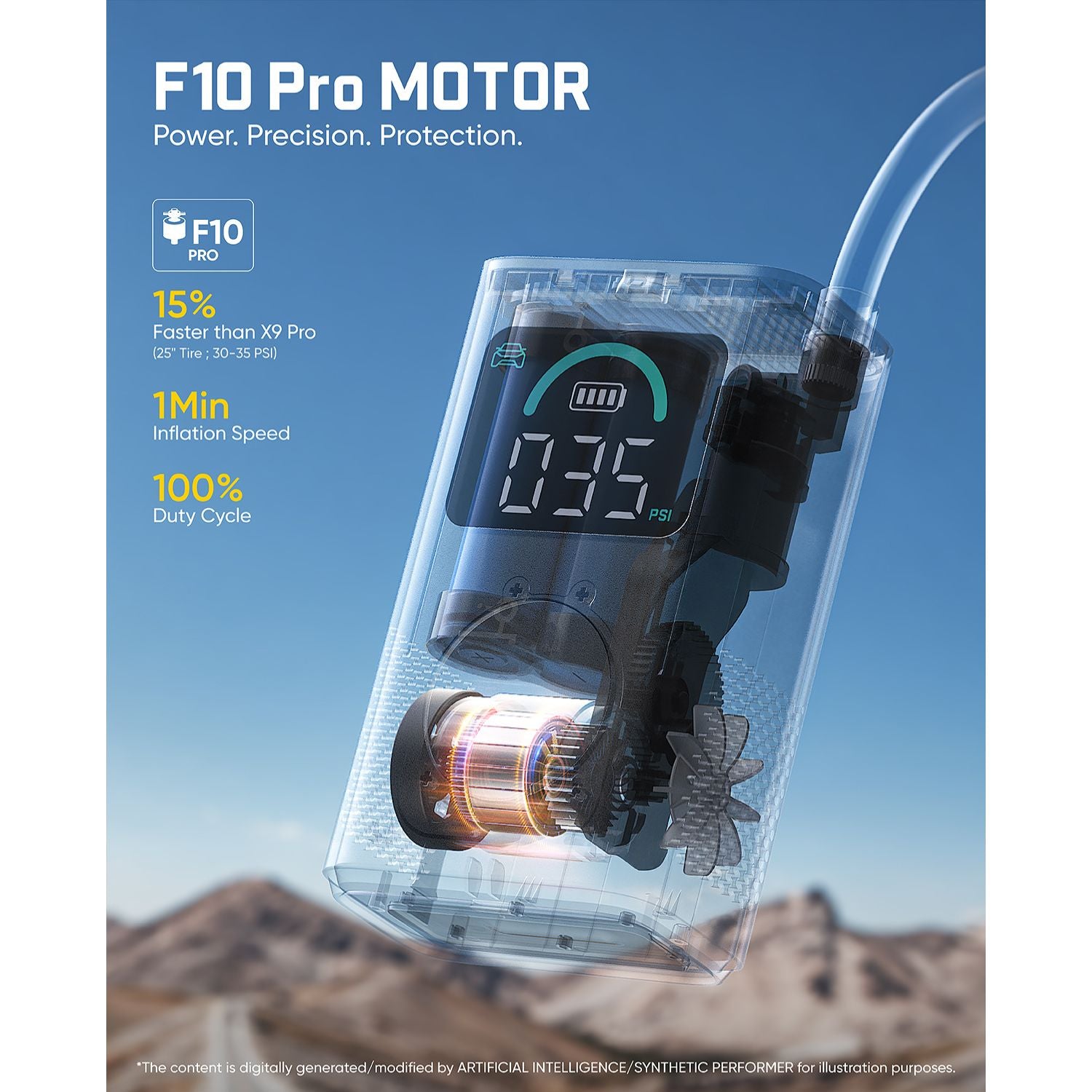 F10 Pro MOTOR with digital display and air pump mechanism against a mountainous background