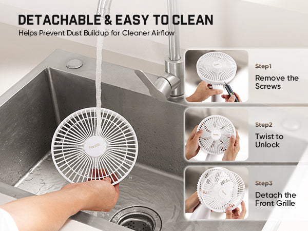 A white detachable front grill fan for sinks is shown being rinsed under running water in a stainless steel kitchen sink. The image includes marketing text ('DETACHABLE & EASY TO CLEAN', 'Helps Prevent Dust Buildup for Cleaner Airflow') and three inset step-by-step diagrams showing how to remove screws, twist to unlock, and detach the front grille.