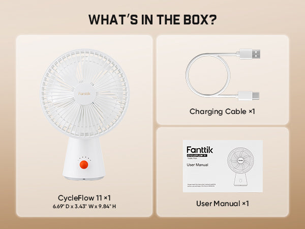 Box contents overview for the Fanttik CycleFlow 11 desk fan, showing a white fan, a USB charging cable, and a user manual on a beige background with the heading 'WHAT'S IN THE BOX?'.