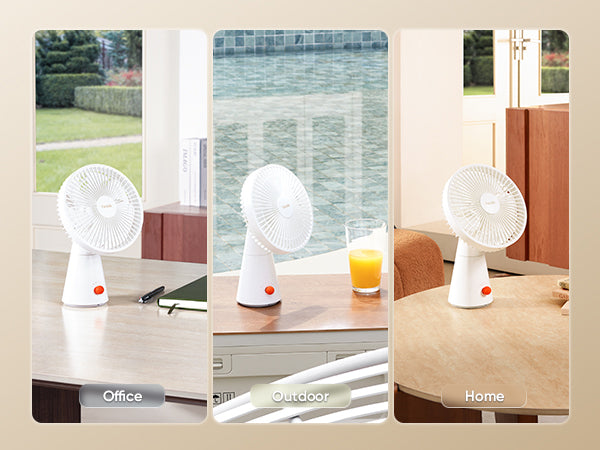 A collage of three lifestyle scenes showing a small white desk fan in use: on a wooden desk by a window, beside a laptop and notebook; next to a glass of orange juice in front of a tiled pool; and on a round wooden table in a living room setting. Each scene includes a small red accent on the fan.