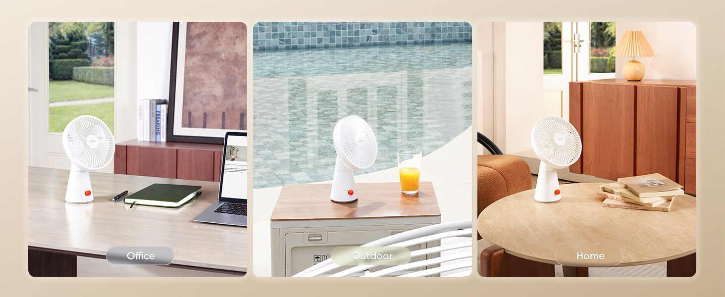 A collage of three lifestyle scenes showing a small white desk fan in use: on a wooden desk by a window, beside a laptop and notebook; next to a glass of orange juice in front of a tiled pool; and on a round wooden table in a living room setting. Each scene includes a small red accent on the fan.