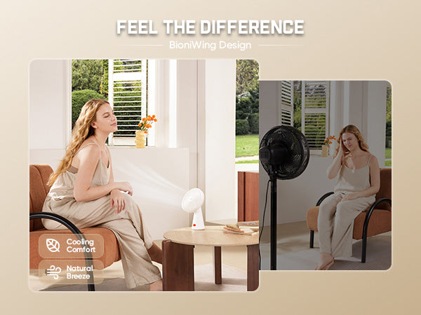 A promotional composite showing a woman seated in an armchair in a bright room, with a small white personal fan and a black floor fan placed nearby. Text at the top reads 'FEEL THE DIFFERENCE' and 'BioniWing Design,' with feature icons for cooling comfort and natural breeze.