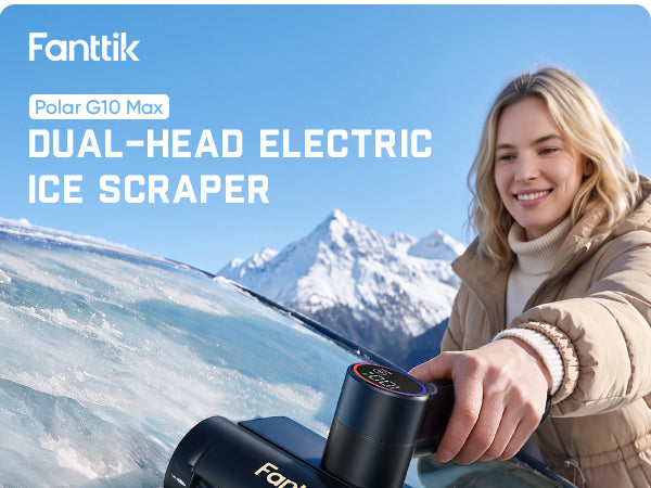A woman is using a Fantik Polar G10 Max Ice Scraper to defrost her car's windshield.
