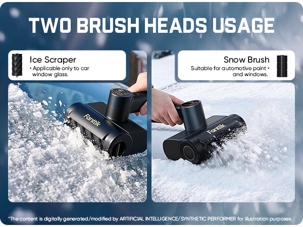 De-icing Mode (1100 RPM + PC brush) powers through thick windshield ice without scratching the glass. Snow Mode (800 RPM + rubber brush) gently clears loose snow off the hood without damaging the paint. Two modes, two brushes — one tool for all winter conditions