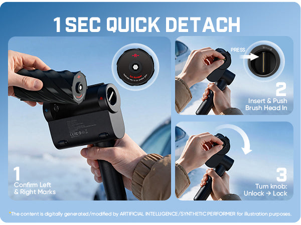 A simple twist pops the knob and releases the brush head in just 1 second — letting you switch seamlessly between de-icing and snow sweeping.