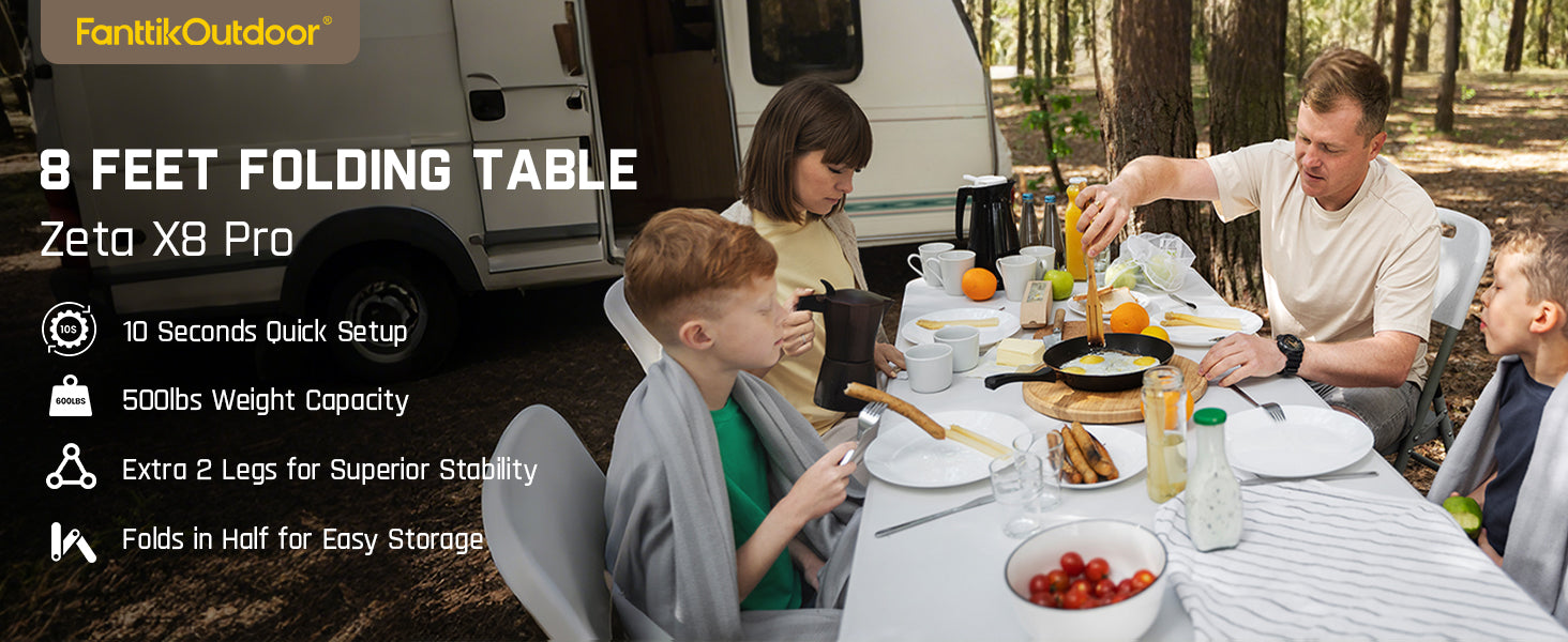 FanttikOutdoor X8 Pro 8ft Folding Table with Six Legs, 500 LBS Heavy Duty Plastic Fold-in-Half Table, Foldable Table w/Handle for Indoor Outdoor Party Wedding Office Camping Banquet