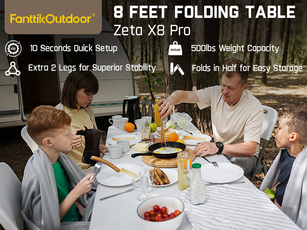 FanttikOutdoor X8 Pro 8ft Folding Table with Six Legs, 500 LBS Heavy Duty Plastic Fold-in-Half Table, Foldable Table w/Handle for Indoor Outdoor Party Wedding Office Camping Banquet