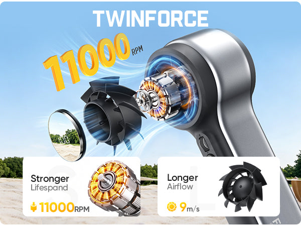 GoFlow 11 Apex Handheld Fan with 'TWINFORCE' branding and specifications on a blue background