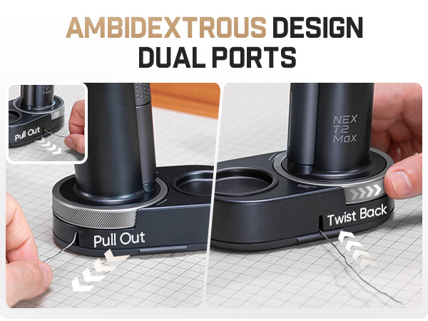 The custom-designed one-piece stand includes a pull-out