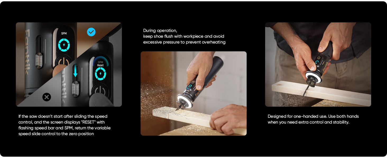 A three-panel promotional graphic showing a cordless saw with a speed rake control attachment. The left panel shows the control interface on the drill body and screen.