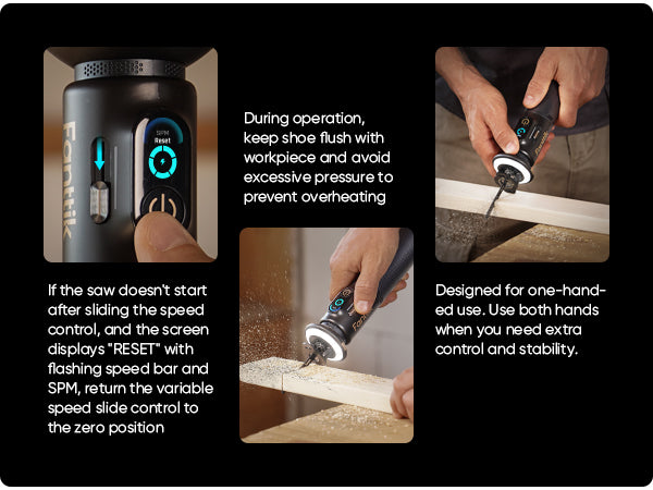 A three-panel promotional graphic showing a cordless saw with a speed rake control attachment. The left panel shows the control interface on the drill body and screen.