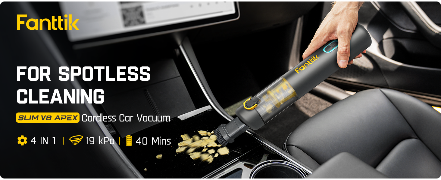 Fanttik Slim V8 Apex Car Vacuum, 19000PA High Power, 4 in 1 Portable Mini Vacuum, 2.5H Type-C Fast Charge, 40 Mins Runtime, RobustClean™ Handheld Vacuum for Car, Home, Keyboard Cleaning